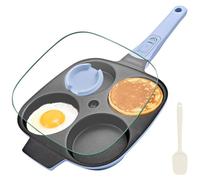 Poêle à œufs 4 compartiments avec couvercle, antiadhésive, manche amovible, compatible induction, couleur bleue