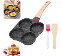 Poêle à œufs au plat, poêle à pancake à induction 4 trous avec pinceau en silicone, spatule en bois, poêle en aluminium antiadhésif, facile à nettoyer pour le petit déjeuner, les œufs au plat, les