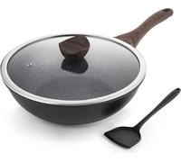 Poêle à wok 30 cm induction fonte d'aluminium aspect pierre couvercle noir
