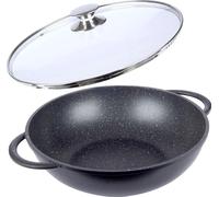Poêle à wok, revêtement en granit anti-adhésif, couvercle en verre, noir