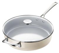 Poêle antiadhésive en céramique, diamètre 30 cm, avec couvercle, compatible induction, résistante à la chaleur du four, et lavable au lave-vaisselle, de couleur crème