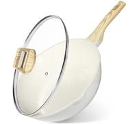 Poêle antiadhésive en granit avec couvercle, compatible induction, 30 cm, blanche