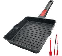 Poêle de grill Unyqoos® 20 x 20 cm – poêle carrée en aluminium pour steaks, avec revêtement antiadhésif, manche amovible, compatible four et lave-vaisselle, pour induction/gaz/électrique, noire, 2 boî
