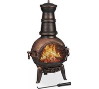 Poêle de terrasse Relaxdays, poêle aztèque avec tisonnier, fonte, pare-étincelles, pour le jardin, H x l x P : 86 x 46 x 38 cm, bronze