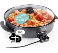 Poêle électrique multifonction de 40 cm de diamètre avec thermostat, couvercle en verre et revêtement antiadhésif. Volume XXL, idéale comme poêle à paella, cocotte et wok. 1500 W, en acier inoxydable 