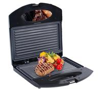 Poêle électrique, puissance 850 W, chauffage double face, température fixe (150 °C), revêtement antiadhésif, dimensions compactes (22 × 20 × 6,5 cm)