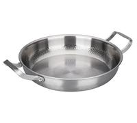 Poêle en acier inoxydable avec deux poignées, diamètre 26 cm. Fond plat, non revêtue, compatible avec les plaques à induction et les cuisinières à gaz. Idéale pour les steaks, les œufs et les crêpes
