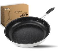 Poêle en acier inoxydable DIVORY 28 cm, compatible induction | Grande poêle antiadhésive adaptée à tous les types de cuisinières | Poignée ergonomique, lavable au lave-vaisselle