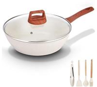 Poêle en céramique Unyqoos® de 28 cm avec couvercle et ensemble de cuisine 4 pièces, revêtement antiadhésif en granit, base composite en trois couches, compatible avec les plaques à induction, poignée
