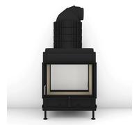 Poêle en faïence Brunner HKD 13 porte tournante tunnel/porte tournante verre plat 9 kW Gusshaube Ø 180 mm und Wärmetauscherringe Guss, Cadre de base noir