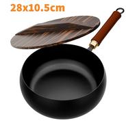 Poêle en fonte avec couvercle en bois - Wok à fond plat de 28 cm - Non revêtue - Pour cuisinière à gaz - Petit wok en fonte - Noir