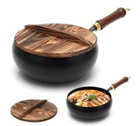 Poêle en fonte non émaillée de 28 cm avec couvercle en bois, compatible avec tous les types de plaques de cuisson