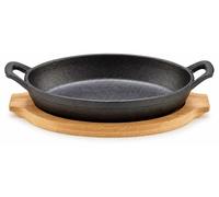 Poêle en fonte ovale - Mini-poêle de cuisson - 20 cm - Gris clair - Avec dessous en bambou - Idéale pour les tapas et les fajitas - Compatible avec les fours et les plaques à induction