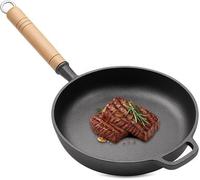 Poêle en fonte Unyqoos®, diamètre 27 cm, avec manche en bois – compatible avec les plaques à induction, le gaz, le feu ouvert et le grill, répartition uniforme de la chaleur, polyvalente