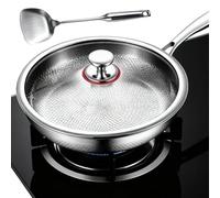 Poêle en titane avec couvercle et spatule, 28 cm, sans revêtement | Titanium Hammered Pan Pro Poêles à frire avec couvercle, 5 couches épaisses, résistantes aux rayures, anti-adhésives