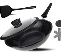 Poêle wok 30 cm avec couvercle - induction - revêtement anti-adhésif - 1 pièce