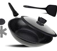 poêle wok 30 cm avec couvercle - poignée amovible adaptée à l'induction - revêtement antiadhésif - spatule wok incluse - protection de la poêle