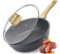 Poêle wok antiadhésive 28 cm avec couvercle, revêtement granit, poignées en bois, convient à tous les types de cuisinières