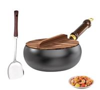 Poêle wok avec couvercle en bois et pelle - 24 cm - Fabriquée à la main - Avec manche en bois - Poêle wok non adhésive - Fond plat pour cuisinière à induction, électrique et à gaz