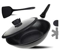 Poêle wok DIVORY 30 cm avec couvercle - poignée amovible, compatible induction, revêtement antiadhésif, induction, avec spatule pour wok et protège-poêle
