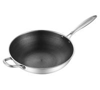 Poêle wok en acier inoxydable, double face, structure alvéolée, 3 couches, antiadhésive, facile à nettoyer, pour la cuisine, 32 cm (sans couvercle et avec poignée)