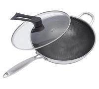 Poêle wok en acier inoxydable - Wok avec couvercle - Diamètre 30 cm - Revêtement alvéolé - Hauteur 8,8 cm - Poignée 23 cm - Gris clair