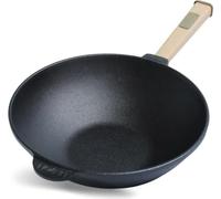 Poêle wok en fonte Ø 24 cm avec couvercle en verre et spatule en bois - Parfait pour les plats asiatiques