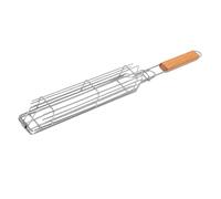 POENVFPO Panier de Barbecue en Fer avec Cage de Verrouillage et Poignée en Chêne, 19,29 X 2,17 X 1,57 Pouces, Rôtissage à 360 Degrés pour Four à Grill, Camping, Pique-nique (Bois)