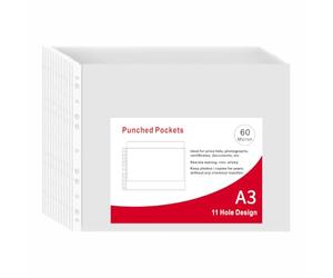 POERMA Pochettes Perforées A3, 50 Pièces Pochettes Plastiques A3, 60 Micron | Pochette Perforées en Polypropylène Cristal, 11 Trou pour 2 / 3 / 4 Anneaux, pour École, Bureau