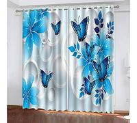 POGIB Rideaux Thermiques Isolants Occultants Anti Froid Anti Chaleur 3D Fleur De Papillon Bleu Motif 117X137Cm Lot De 2 Rideaux Salon Cuisine Chambre Enfant Adulte Rideaux Occultants À Oeillets