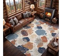 Poil Ras Salon Tapis 120 x 170 cm, Bohème Minimaliste Lavable Chambre Décor | Monstera Feuille De Palmier Taches Antidérapant Doux Flanelle Tapis pour Salon Couloir Chambre Maison Decoration, Bleu Brun