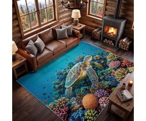 Poil Ras Salon Tapis 60 x 110 cm, Tropical Paysage Lavable Chambre Décor | Tortue Marine Corail Poisson Antidérapant Doux Flanelle Tapis pour Salon Couloir Chambre d'enfant Maison Deco, Multicolore