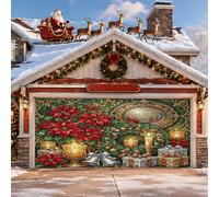 Poinsettia de Noël mosaïque Art Poinsettias Couverture de porte de garage | Style mosaïque artistique, bannière de porte de garage, bougies décoratives, cloches argentées, boîtes cadeaux emballées