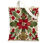 Poinsettia Sac fourre-tout en toile Motif floral botanique 33 x 38 cm | Impression d'art botanique, feuillage persistant, accents dorés métallisés, motif floral d'hiver, esthétique saisonnière pour