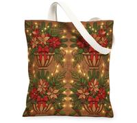 Poinsettia Sac fourre-tout rustique en toile Motif floral 33 x 38 cm | Motif floral poinsettia, fond en bois rustique, guirlande lumineuse festive, thème botanique d'hiver, nœuds rouges décoratifs