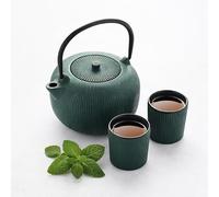 Point-Virgule set de théière nervurée en fonte et 2 tasses revêtement émaillé intérieur Forest Green