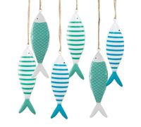 Poissons déco Marins à Suspendre, 6 pièces: décoration Marine métal Bleu & Blanc, déco mer Salle de Bain, Salon, Style Nautique, Cadeau été, thème Plage, accroche Murale, 12 x 3,5 cm