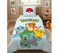 Pokémon, Parure de Lit Enfant Gamer pour Lit 1 Place, Motif Pikachu et Starters, Ensemble 2 pièces Housse de Couette Réversible 140x200 cm et Taie d'oreiller 63x63 cm, Textile Certifié Oeko TEX
