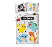 Pokémon Parure de Lit Enfant - Housse de Couette Réversible 140x200 cm avec Taie d'oreiller - Pikachu Carapuce Bulbizarre Salamèche - 100% Polyester Microfibre Certifié Oeko-Tex