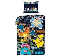 Pokémon Parure de Lit Réversible - Housse de Couette 140x200 cm avec Taie d'oreiller - Certification Oeko-Tex Standard 100 - Design Pikachu, Dracaufeu, Tortank & Florizarre - 100% Polyester