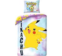 Parure de Lit Pokemon Pikachu 100% Coton, Housse de Couette 140x200 cm + Taie d'oreiller 65x65 cm, Lit Simple