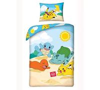Pokémon Pikachu Housse de Couette 140x200 + Taie 70x90 Beige Bleu Jaune | Parure de lit réversible 1 personne | Coton certifié Oeko-Tex | Licence Pokémon | 4-12 | Cadeau | Lavable en machine