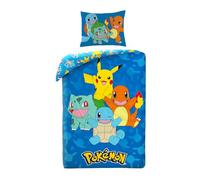 Pokémon Pikachu Salamèche Housse de Couette 140x200 Bleu Cadeau | Parure de lit réversible 1 personne | Microfibre douce séchage rapide | Licence Pokémon | 4-12 | Cadeau | Idée cadeau