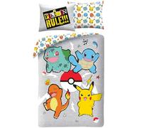 Halantex Parure de lit Pokemon Rules Housse 140x200+Taie Pikachu, Bulbizarre, Salamèche et Carapuce