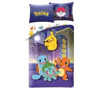 Pokémon Ville Housse de Couette 140x200 + Taie Pikachu Carapuce Salamèche | Parure de lit réversible 1 personne | Microfibre douce séchage rapide Oeko-Tex | Bulbizarre | 4-12 | Lavable en machine
