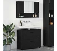 pokgdf Lot de 2 meubles de salle de bain en bois noir 76,5 x 35 x 64 cm | Meuble sous lavabo avec miroir, espace de rangement, résistant à l'eau, pieds en métal noir mat, poignées de barre
