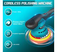 Polisseuse pour voiture - Polisseuse excentrique sans fil - 125–150 mm - 8 vitesses - 12 V, batterie Li-Ion 2,0 Ah - 2 800–5 500 tr/min - Course de 12 mm