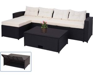 Poly-Rattan Garniture HWC-J34, balcon/jardin/lounge-set Ensemble de sièges canapé, compartiment de rangement ~ noir, coussin crème-beige