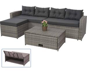Poly-Rattan Garniture HWC-J34, balcon/jardin/lounge-set Ensemble de sièges canapé, compartiment de rangement ~ gris, coussins gris foncé