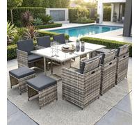 Poly rotin Ensemble de meubles de jardin table à manger Lounge 11 pièces Set 1x table + 6x chaises + 4x tabourets - gris